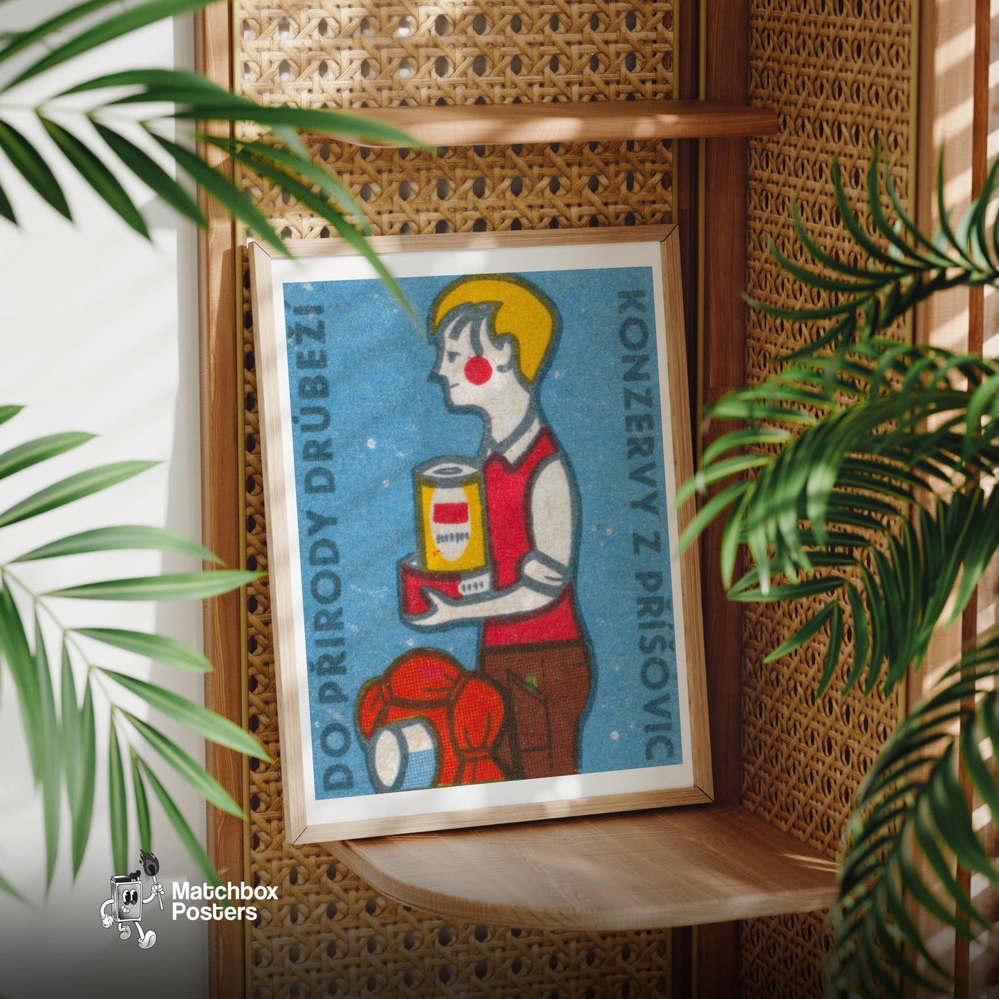 Hiker with Canned Food - vintage matchbox label print - office wall
