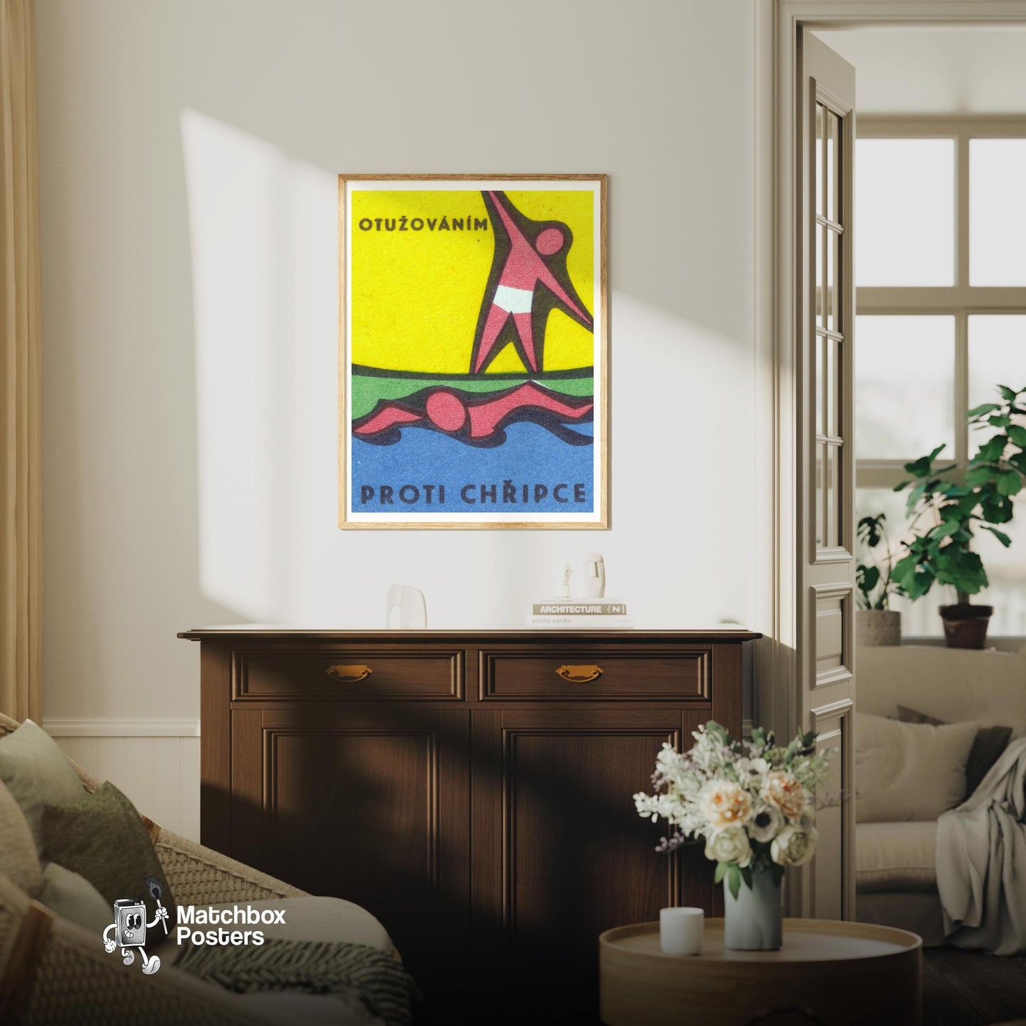 Exercise - vintage matchbox label print - living room mockup