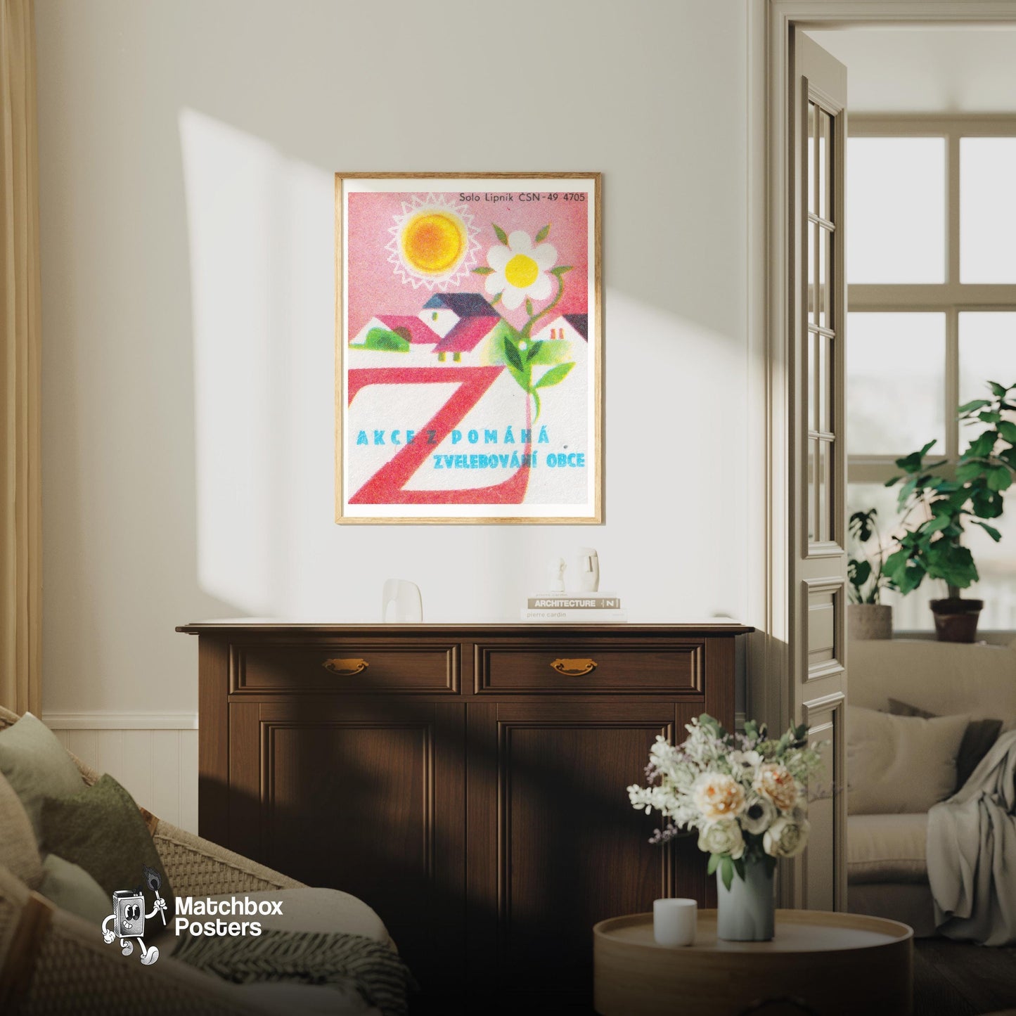 Sun and Flower Village - vintage matchbox label print - living room mockup