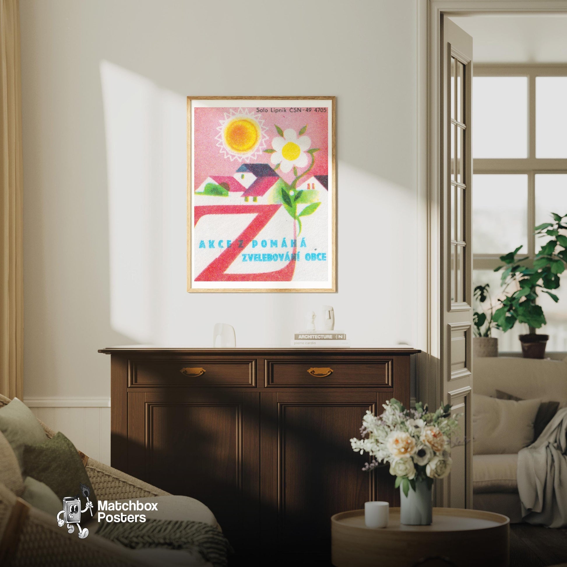 Sun and Flower Village - vintage matchbox label print - living room mockup