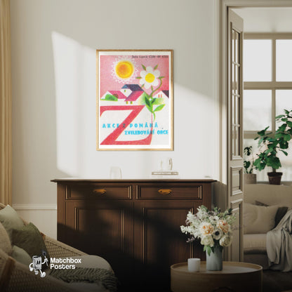 Sun and Flower Village - vintage matchbox label print - living room mockup