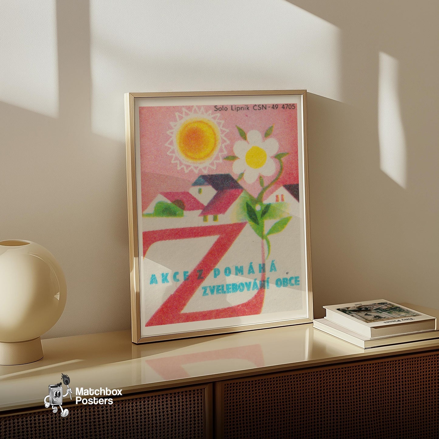 Sun and Flower Village - vintage matchbox label print - size comparison