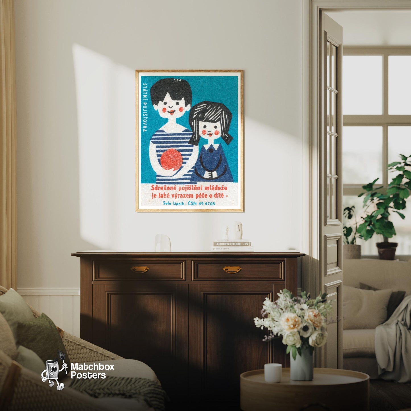 Happy Children - vintage matchbox label print - living room mockup