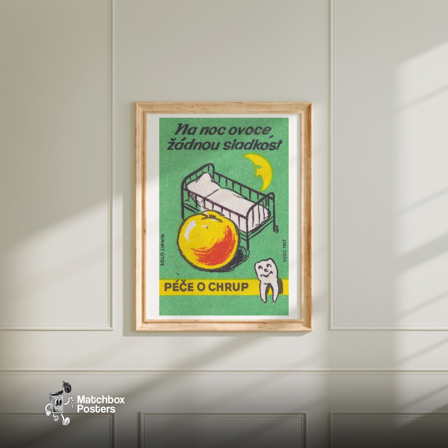 Fruit at Night, No Sweets - vintage matchbox label print - bedroom mockup