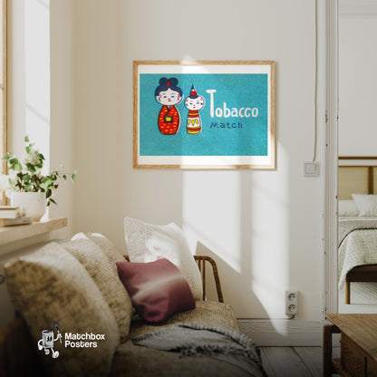 Japanese Dolls - vintage matchbox label print - living room mockup