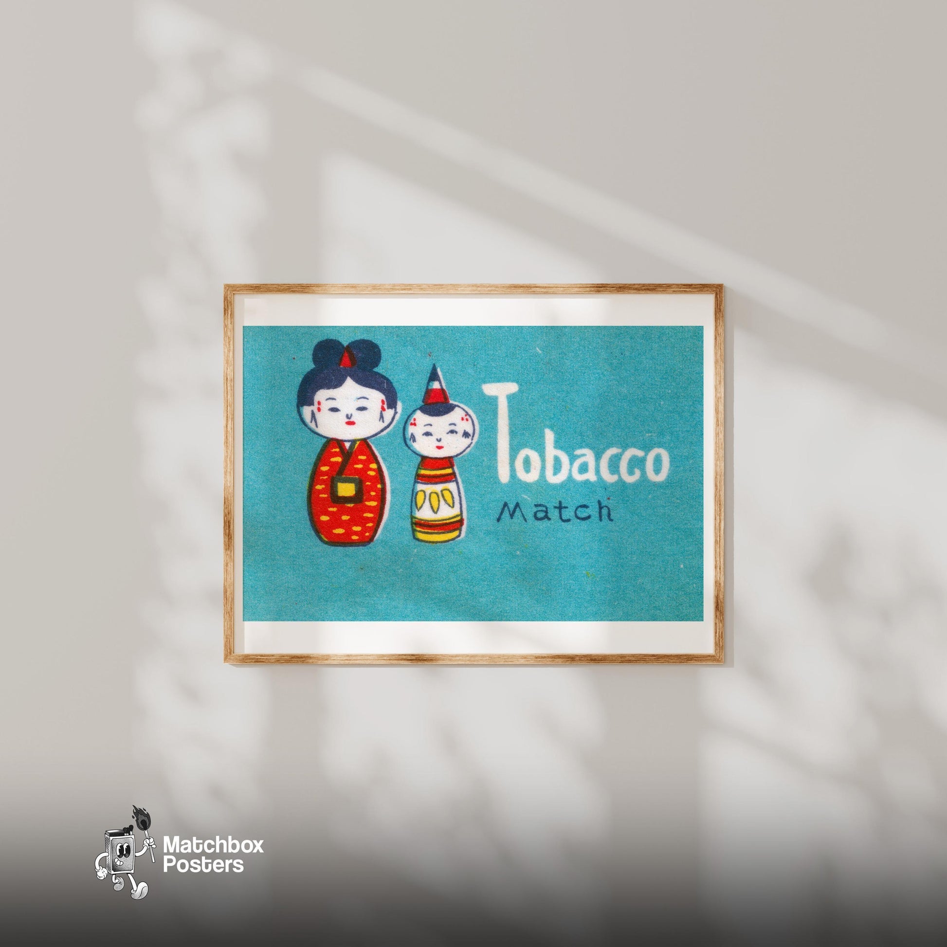 Japanese Dolls - vintage matchbox label print - bedroom mockup
