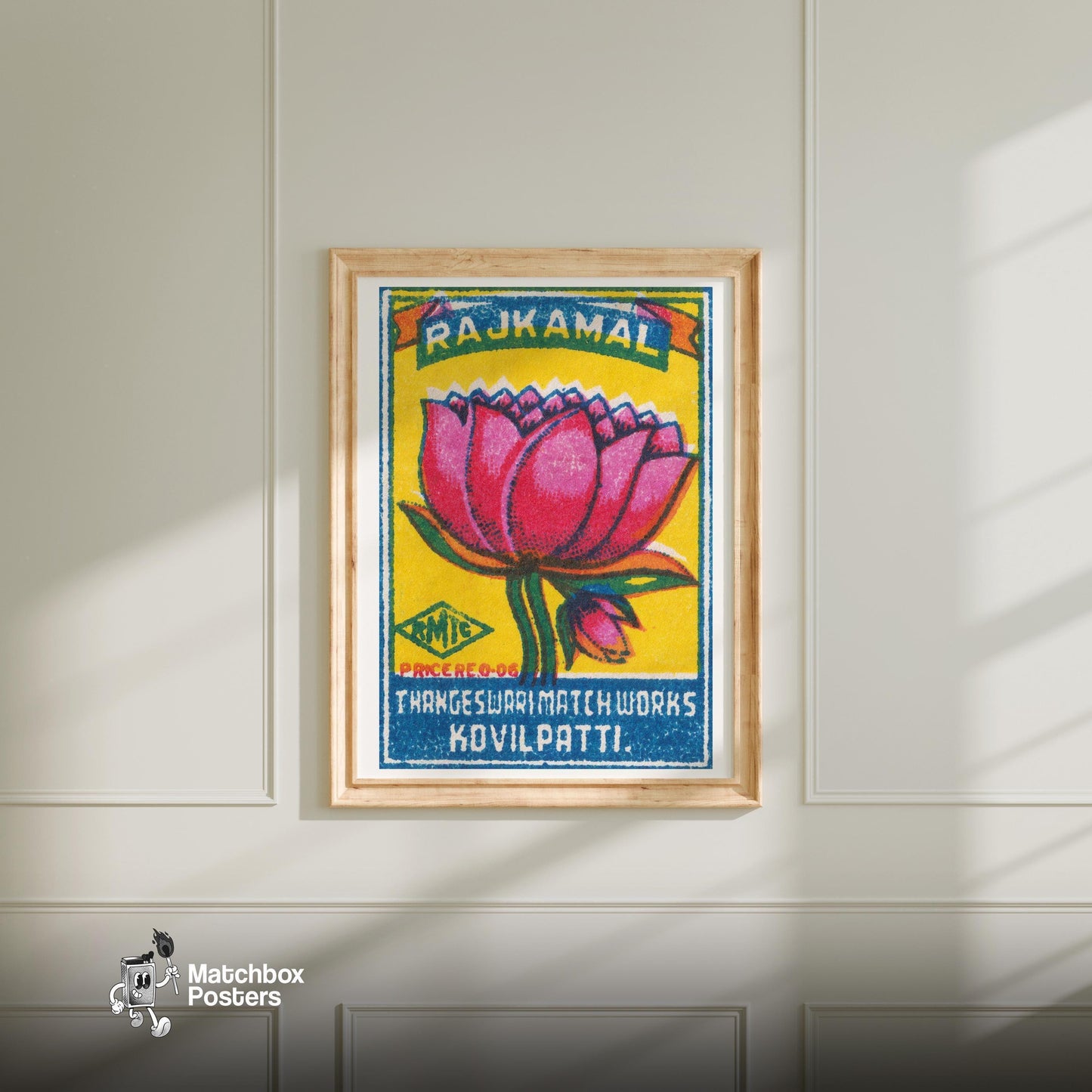 Pink Lotus Flower - vintage matchbox label print - bedroom mockup