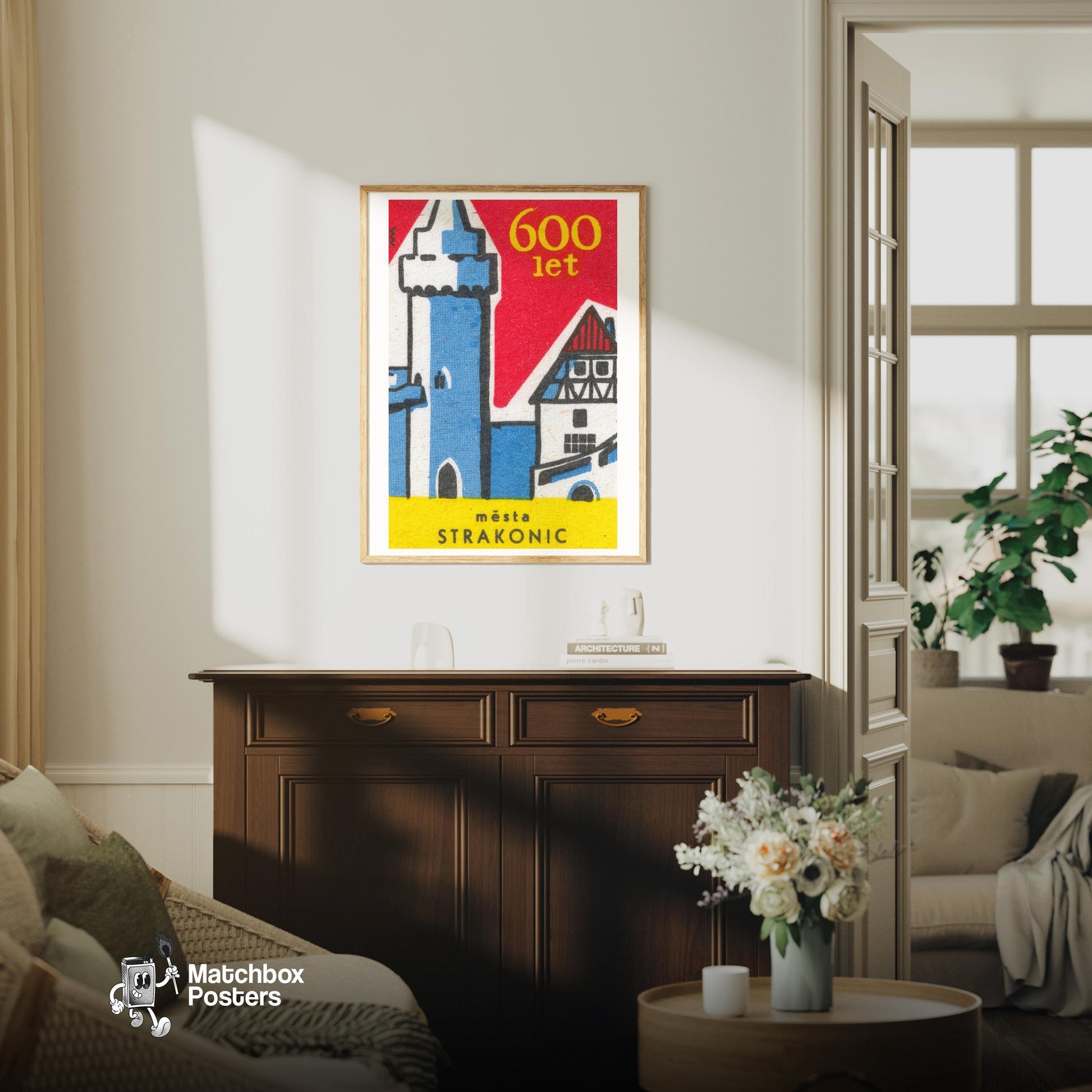 600 Year Old Castle - vintage matchbox label print - living room mockup