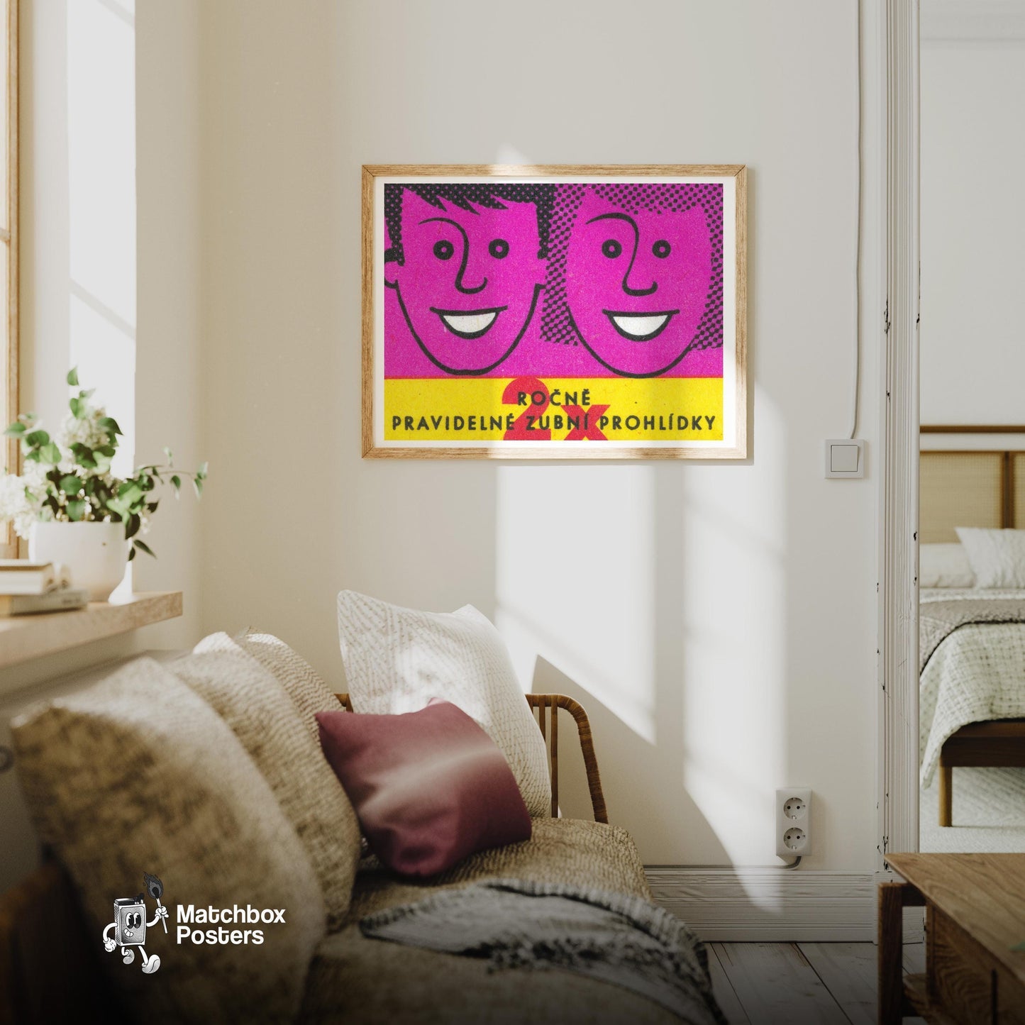 Smiling Faces - vintage matchbox label print - living room mockup