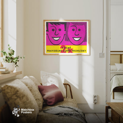 Smiling Faces - vintage matchbox label print - living room mockup