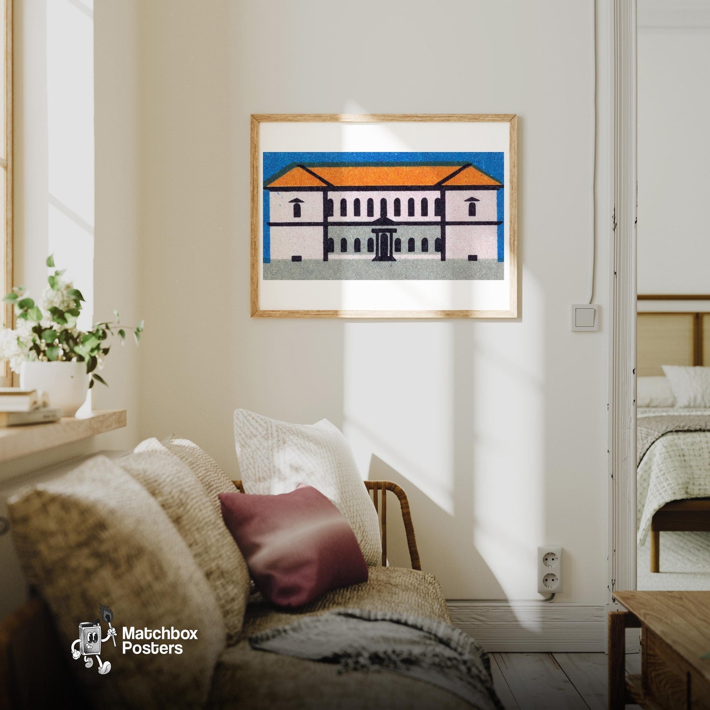 Orange Roof Mansion - vintage matchbox label print - living room mockup