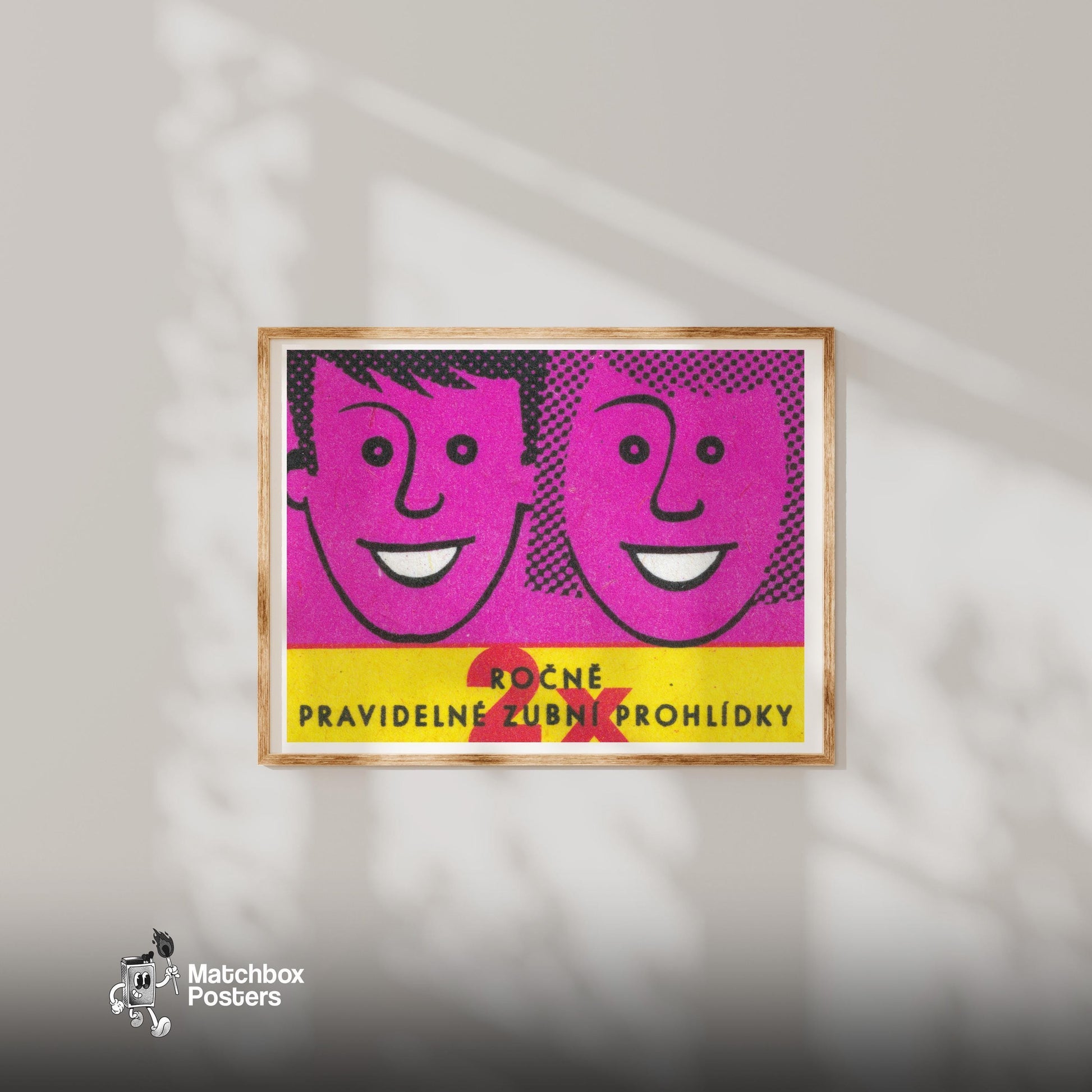 Smiling Faces - vintage matchbox label print - bedroom mockup