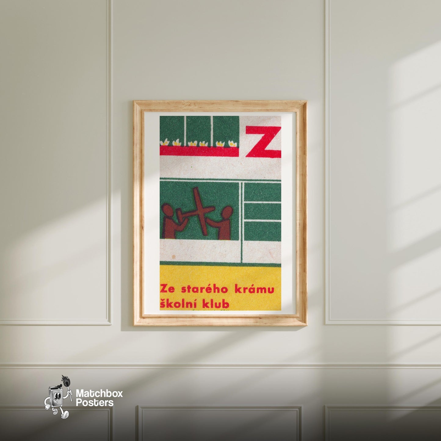 Two Figures with Cross - vintage matchbox label print - bedroom mockup