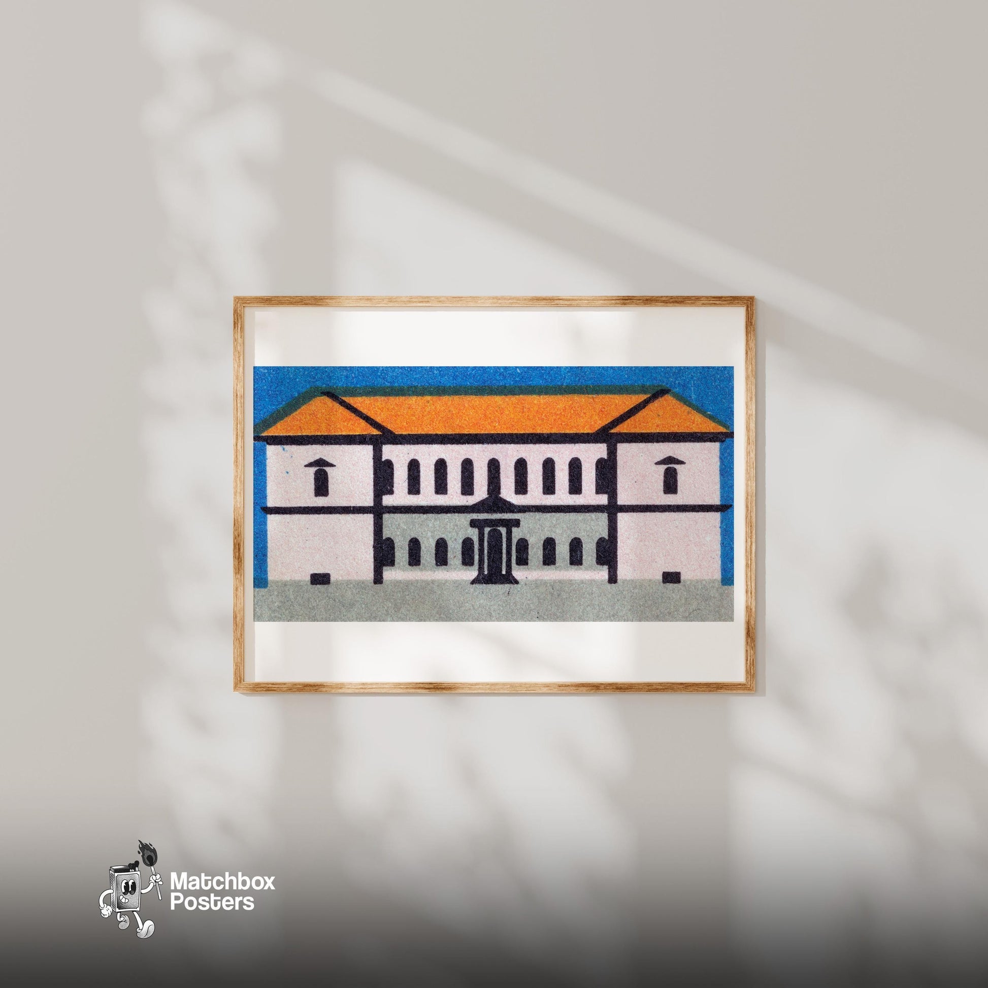 Orange Roof Mansion - vintage matchbox label print - bedroom mockup