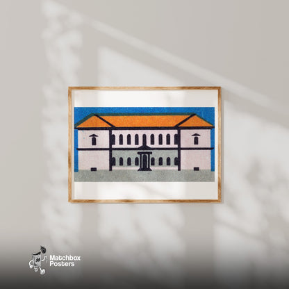 Orange Roof Mansion - vintage matchbox label print - bedroom mockup