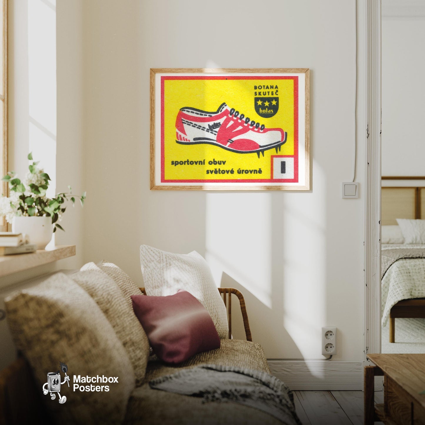 Red SPort Shoe - vintage matchbox label print - living room mockup