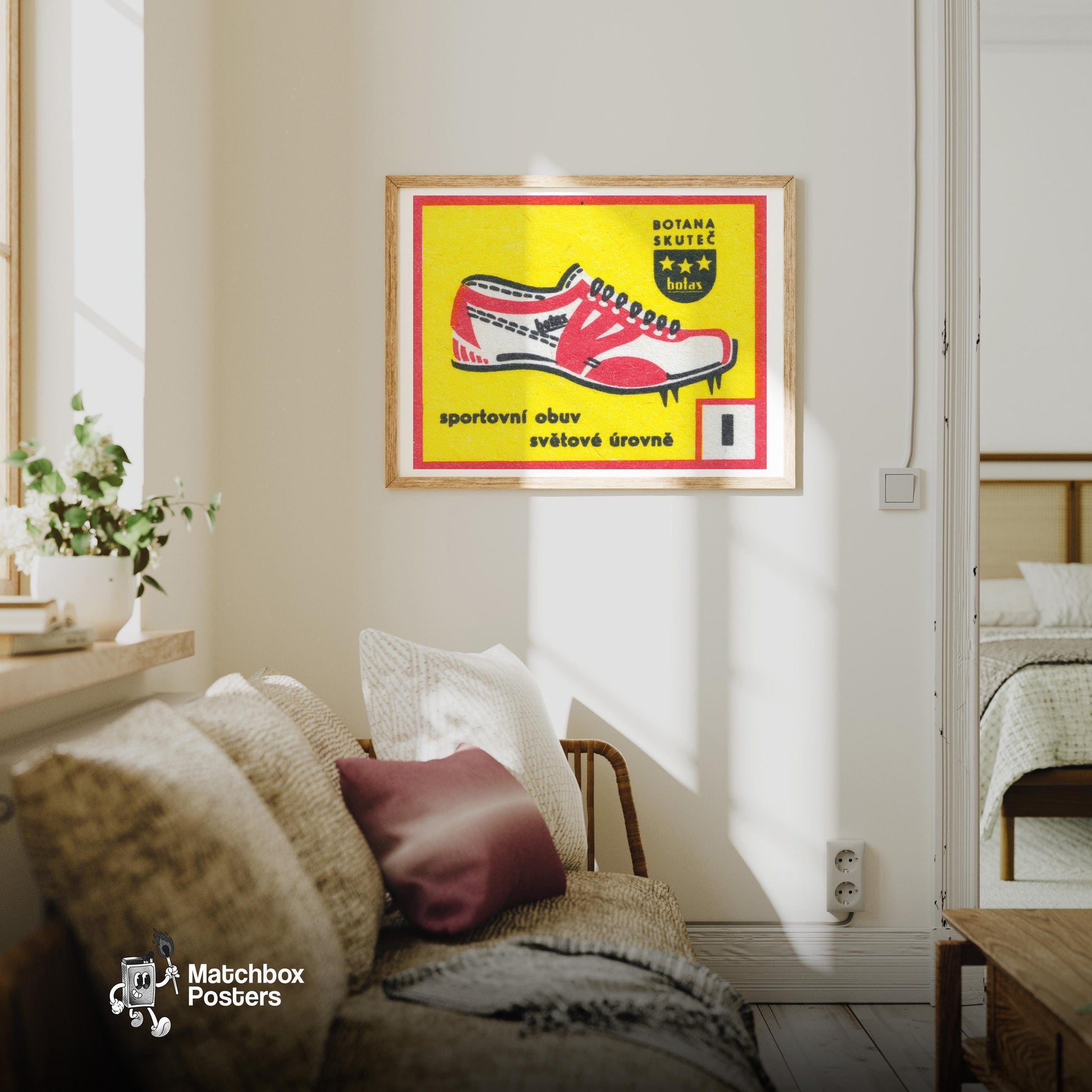 Red SPort Shoe - vintage matchbox label print - living room mockup