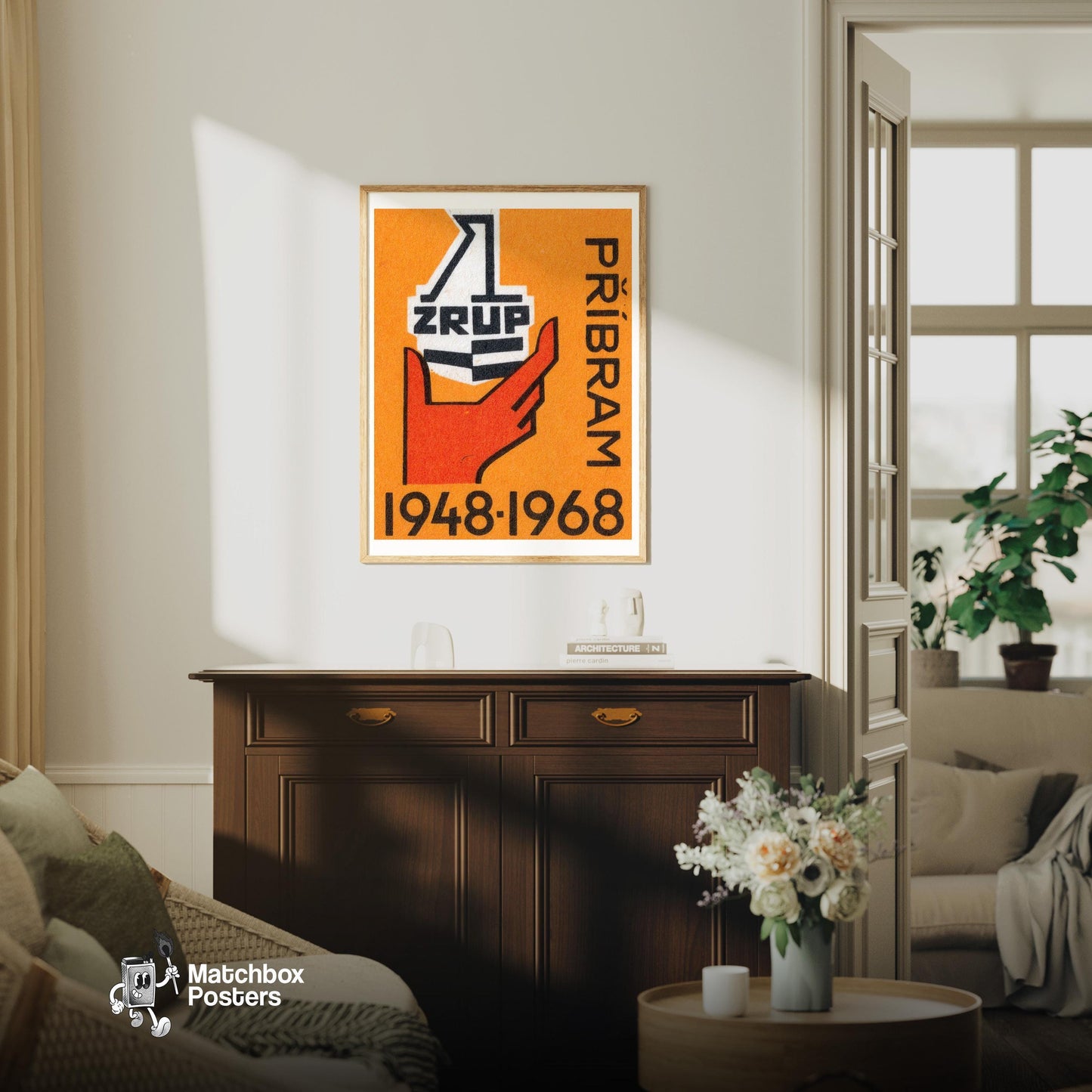 Industrial Hand - vintage matchbox label print - living room mockup