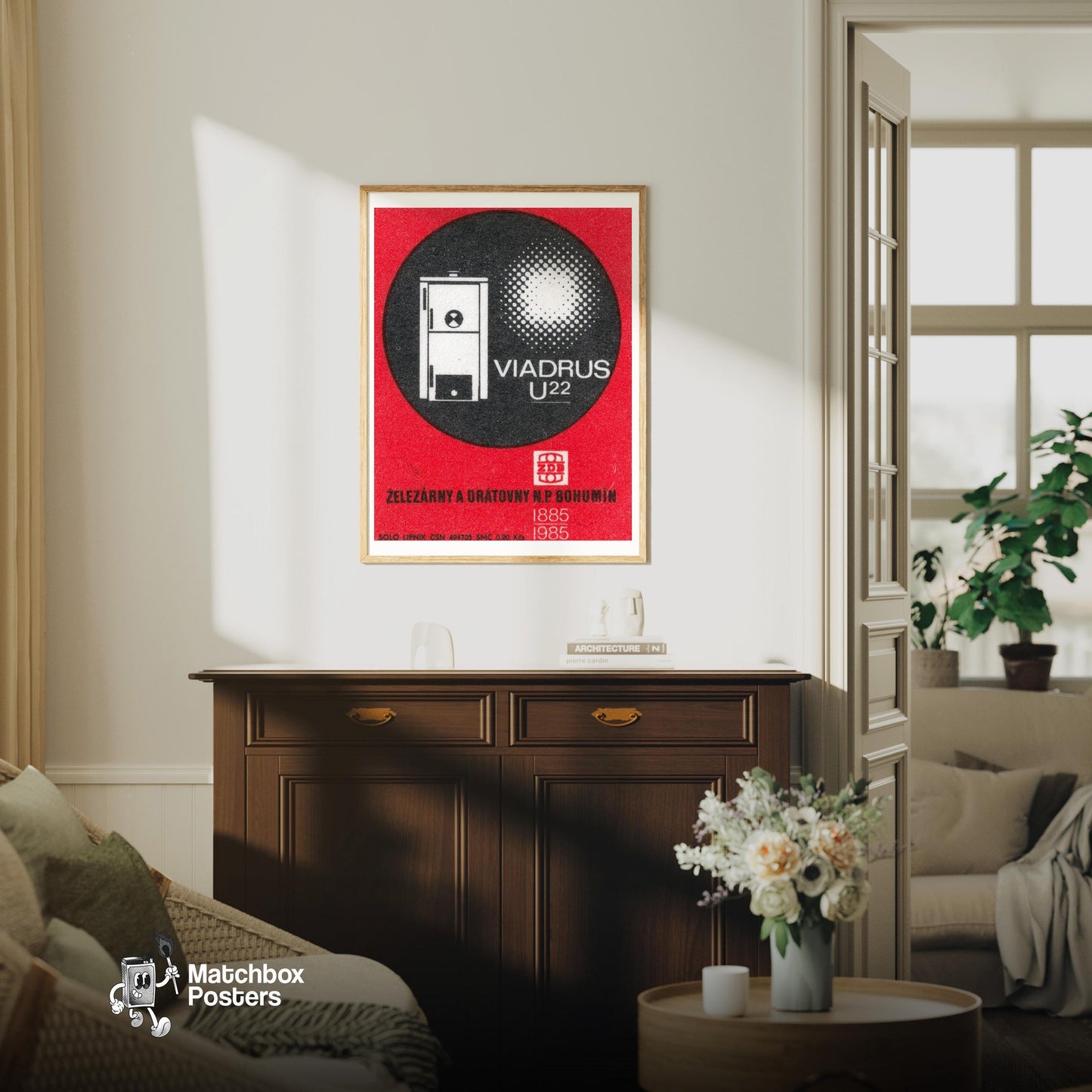 Illustration Of A Boiler - vintage matchbox label print - living room mockup