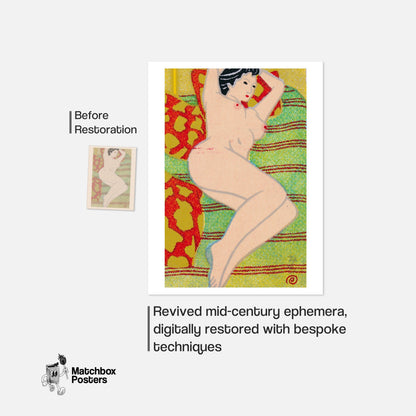 Reclining Nude Woman - vintage matchbox label print - framed wall art preview