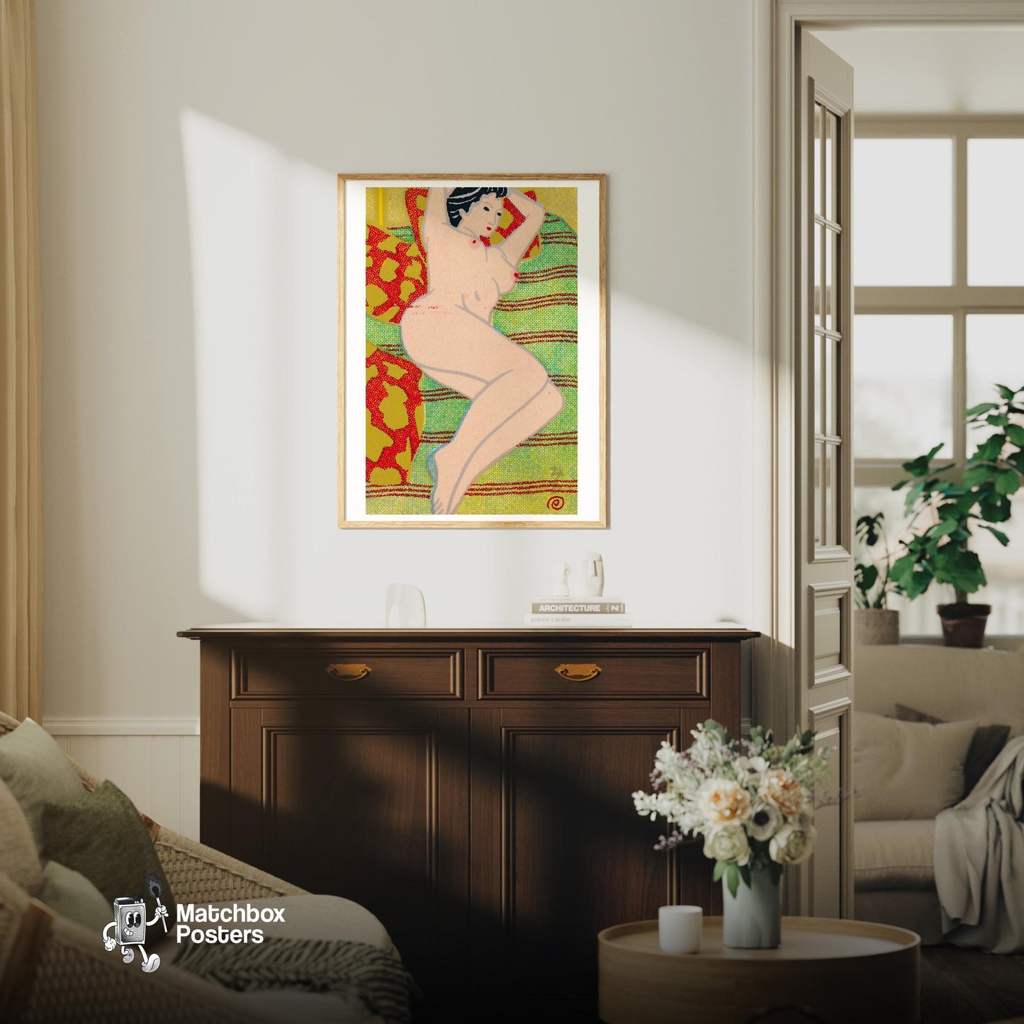Reclining Nude Woman - vintage matchbox label print - living room mockup