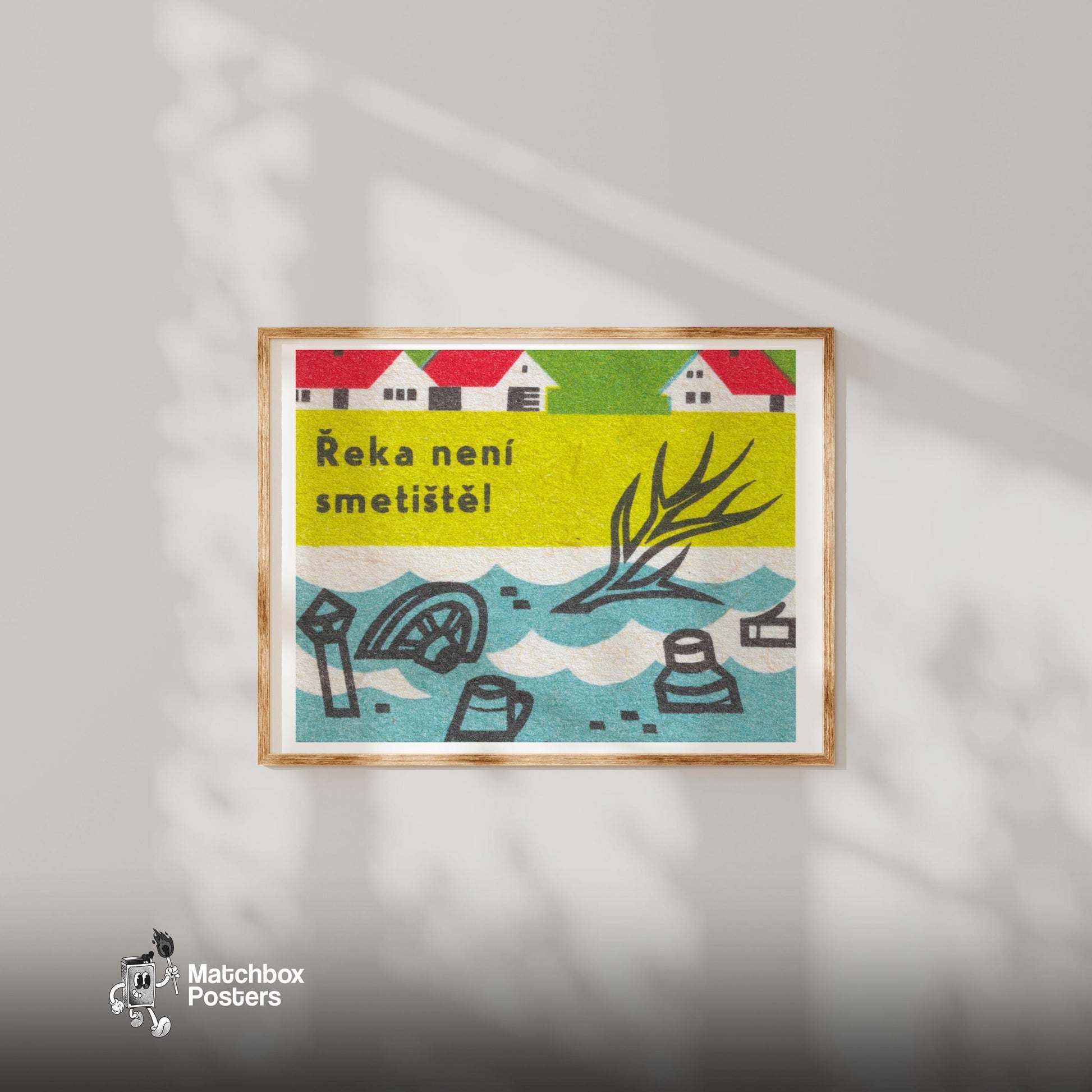 The River is Not a Dump - vintage matchbox label print - bedroom mockup