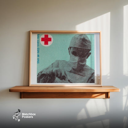 Surgeon with Red Cross - vintage matchbox label print - size comparison
