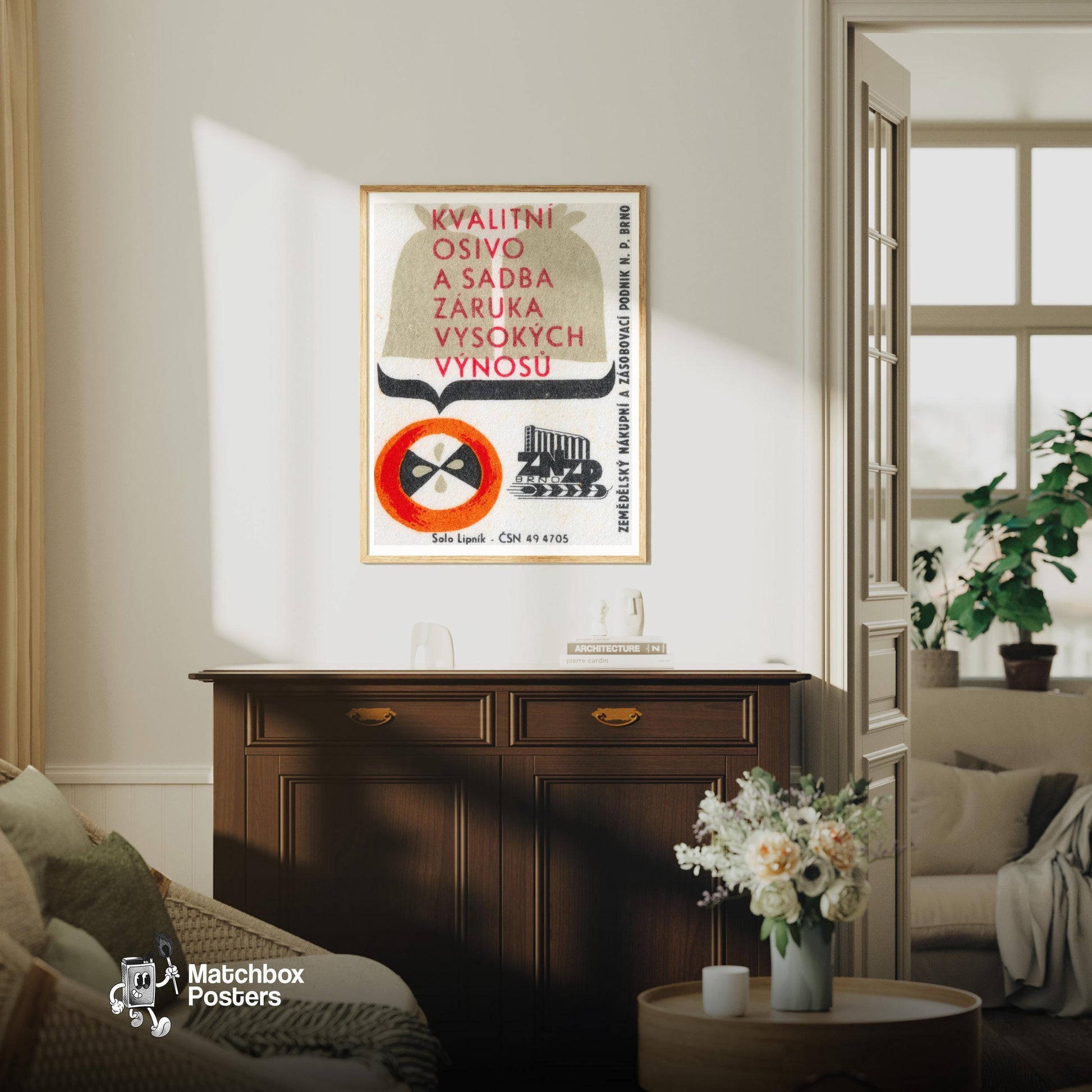 High Quality Seeds for Agriculture - vintage matchbox label print - living room mockup