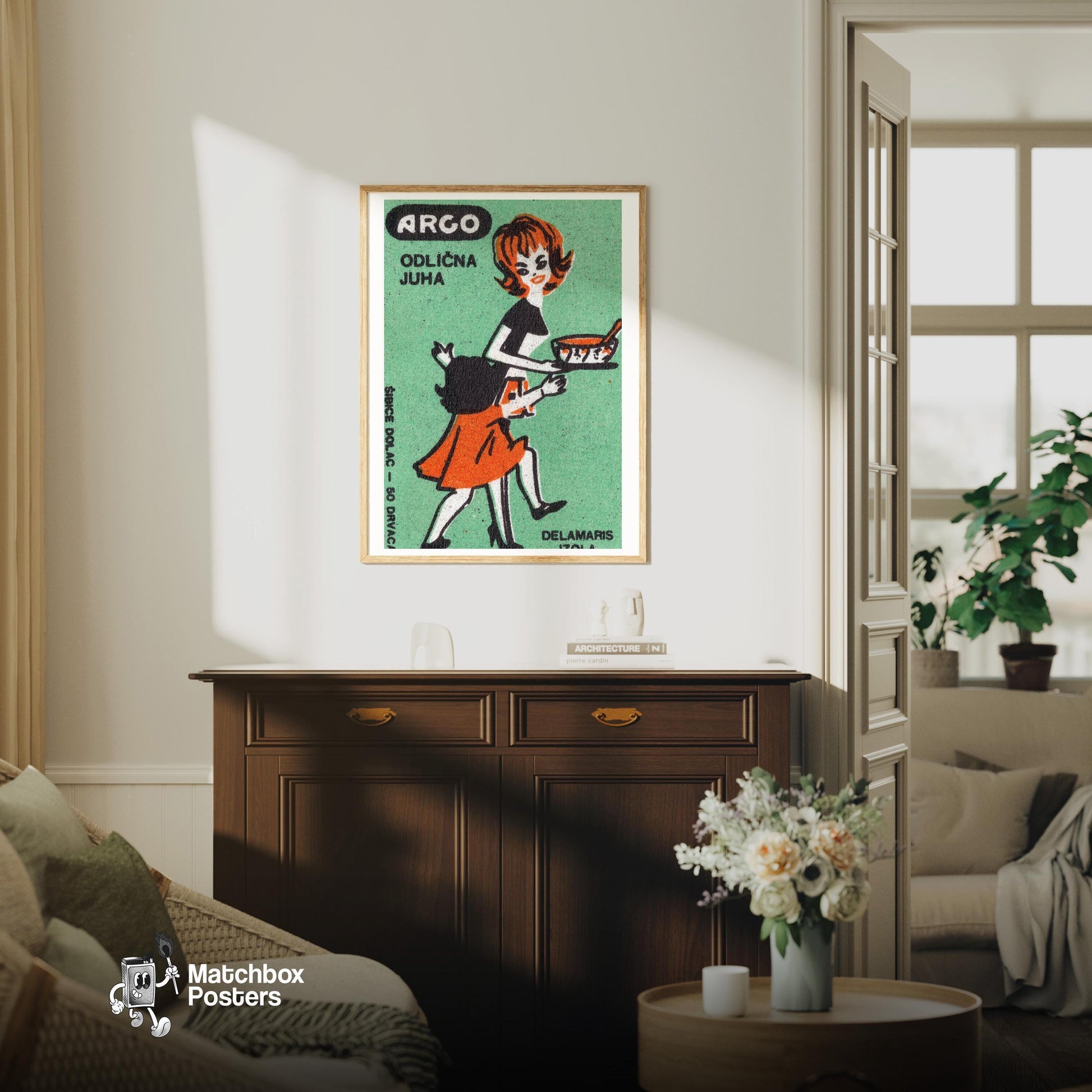 Woman and Child - vintage matchbox label print - living room mockup