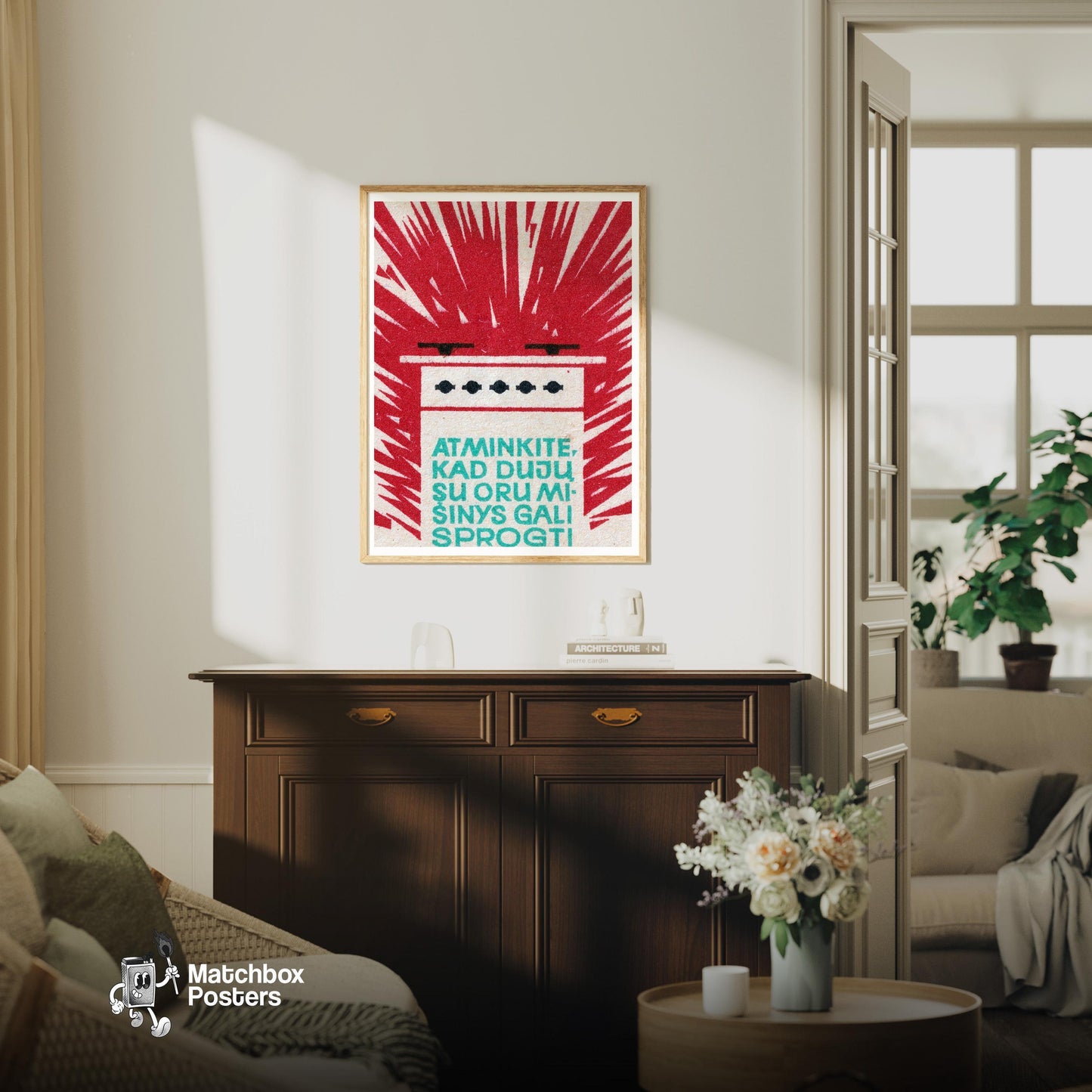 Gas Stove Explosion - vintage matchbox label print - living room mockup