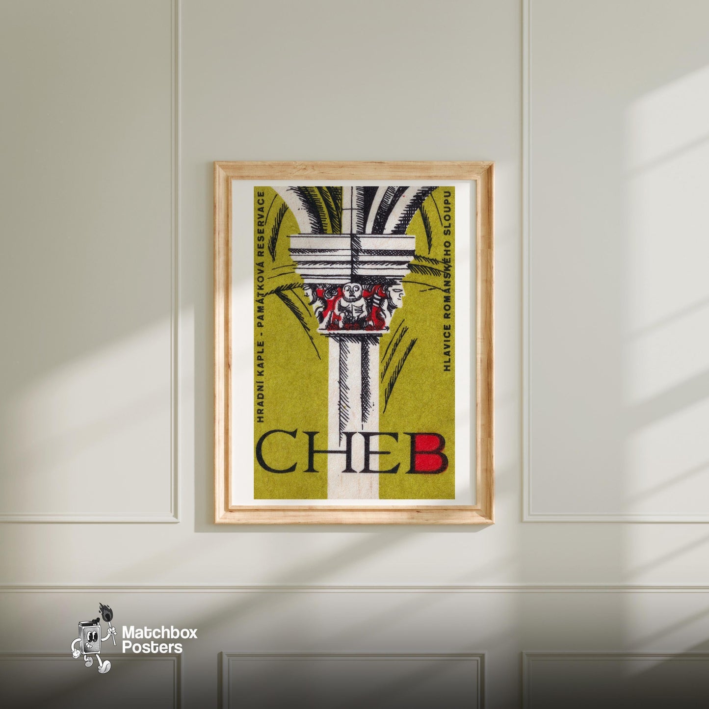 Carved Column - vintage matchbox label print - bedroom mockup