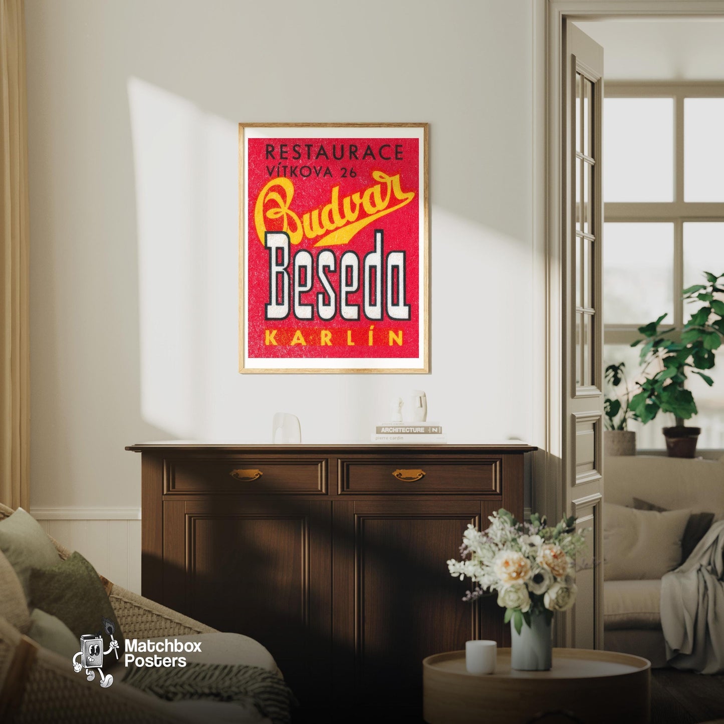 Budvar - vintage matchbox label print - living room mockup