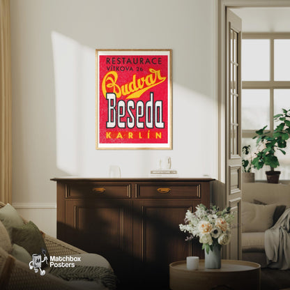 Budvar - vintage matchbox label print - living room mockup