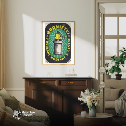 Miner's Lamp - vintage matchbox label print - living room mockup