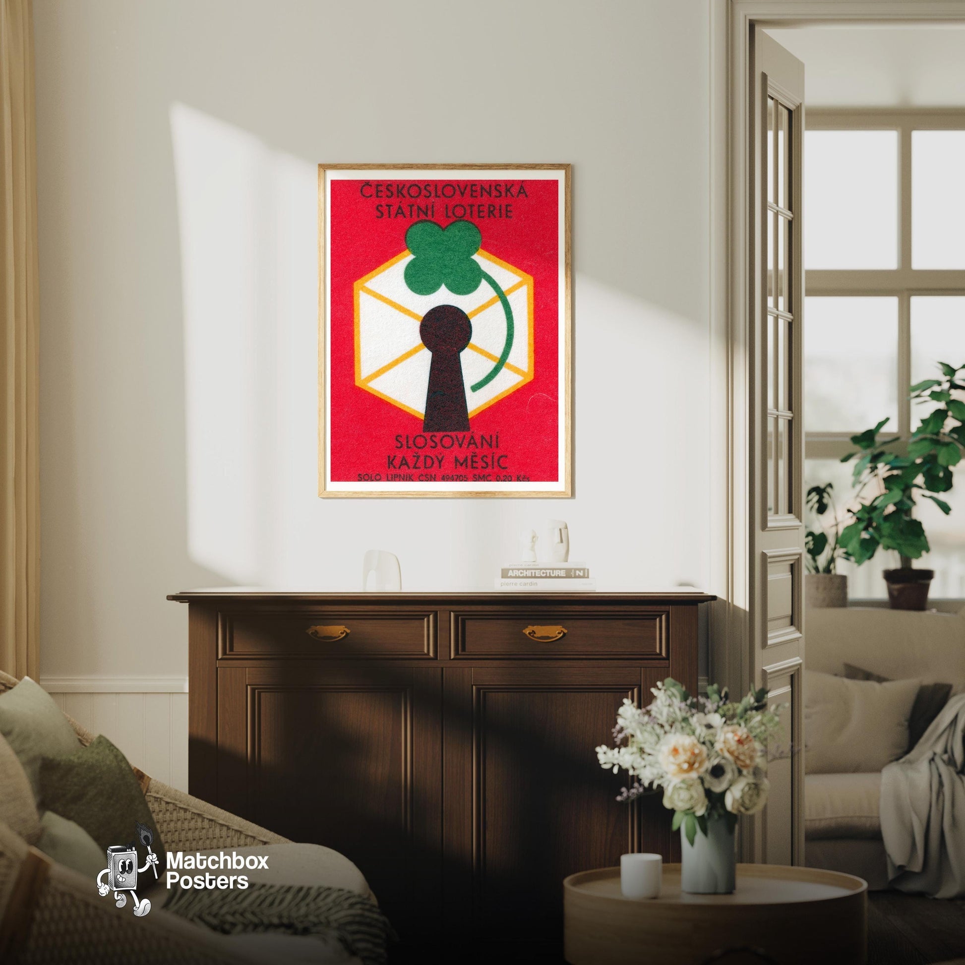 Czech State Lottery - vintage matchbox label print - living room mockup