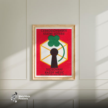 Czech State Lottery - vintage matchbox label print - bedroom mockup
