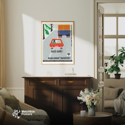 Red Car and Truck - vintage matchbox label print - living room mockup