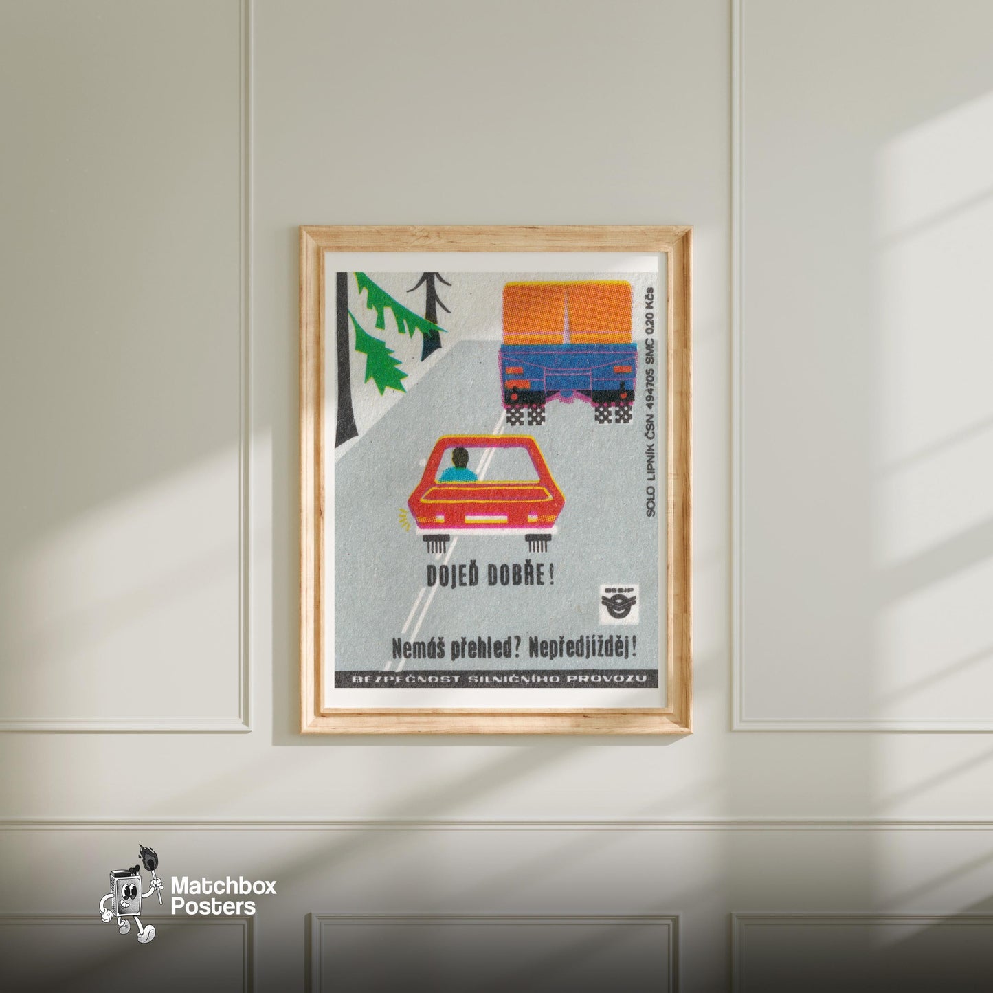Red Car and Truck - vintage matchbox label print - bedroom mockup