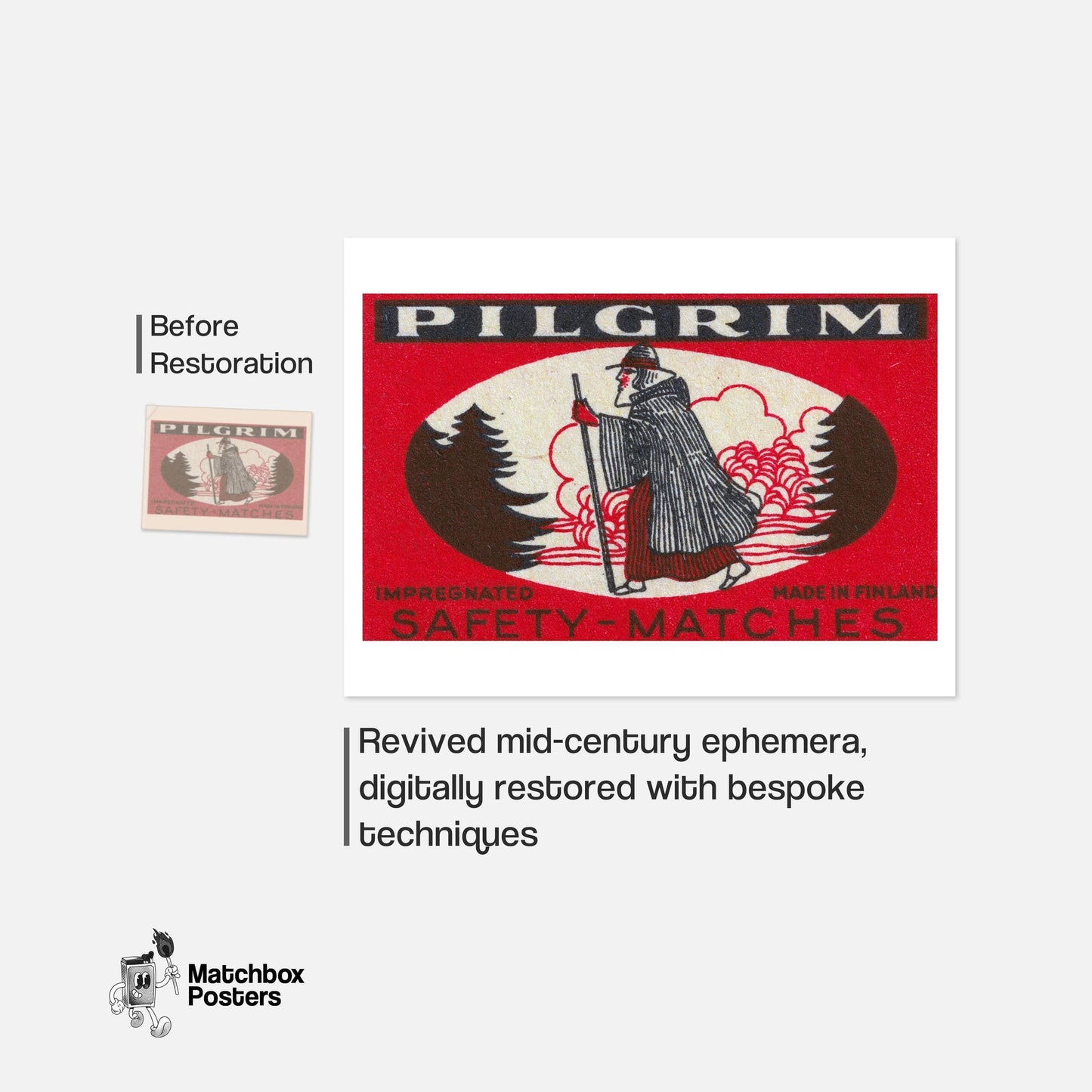 Pilgrim - vintage matchbox label print - framed wall art preview