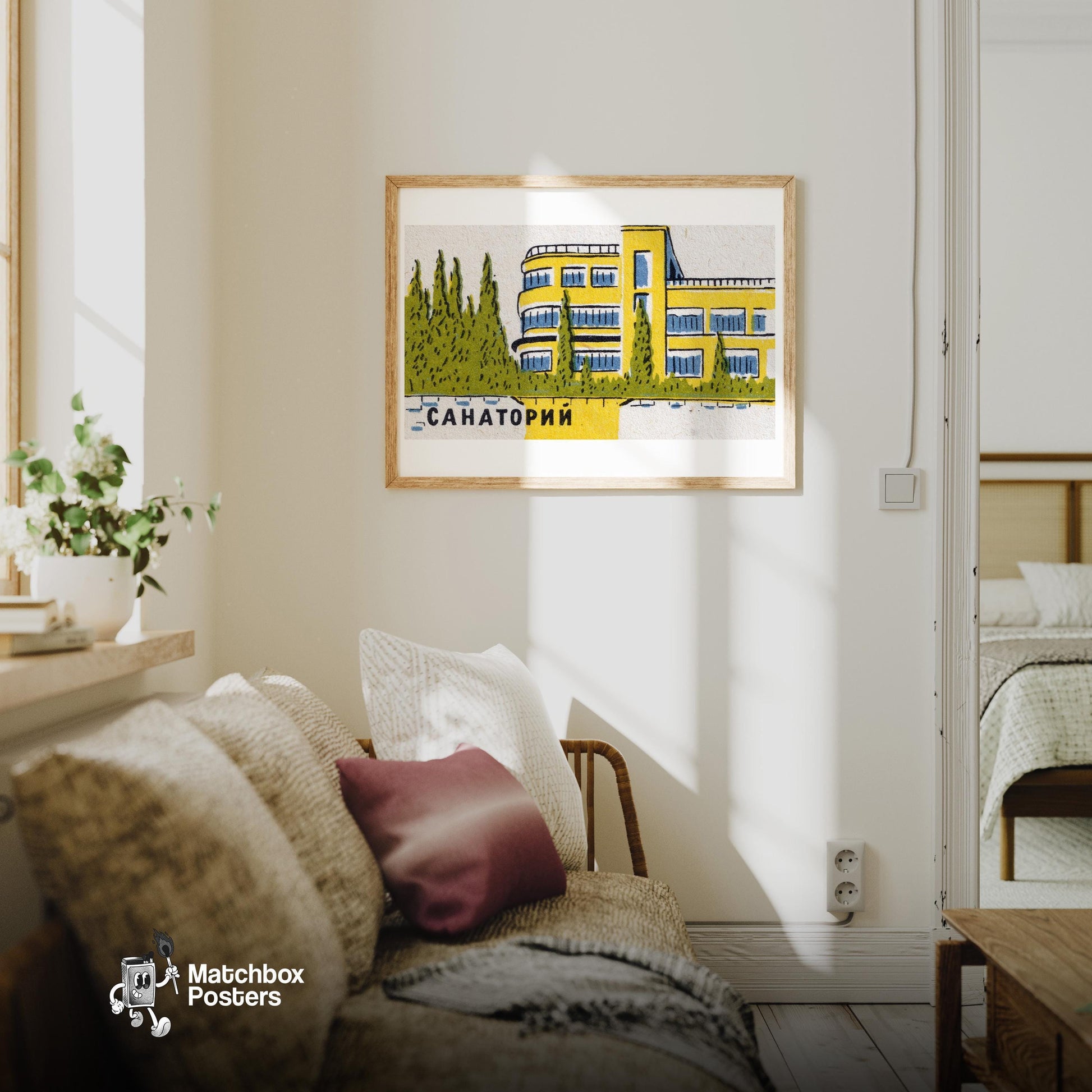 Yellow Building - vintage matchbox label print - living room mockup