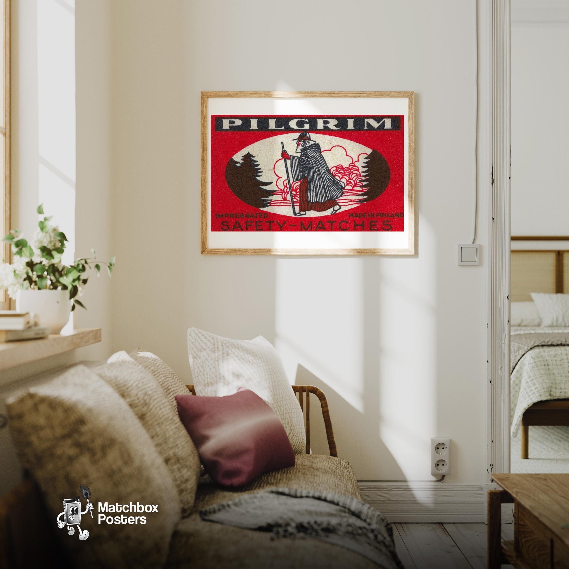 Pilgrim - vintage matchbox label print - living room mockup