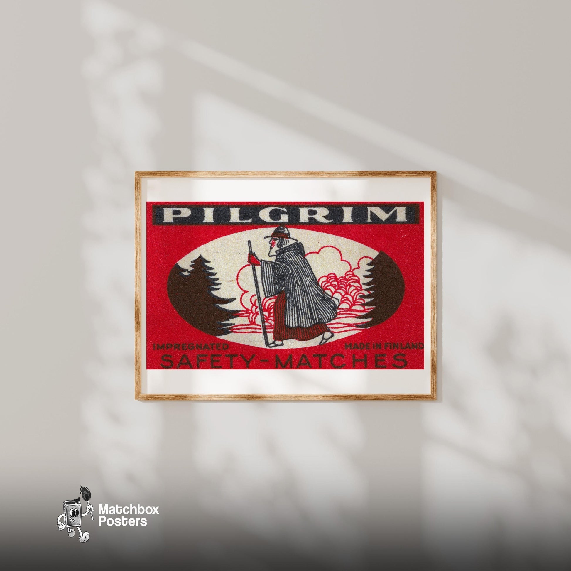 Pilgrim - vintage matchbox label print - bedroom mockup
