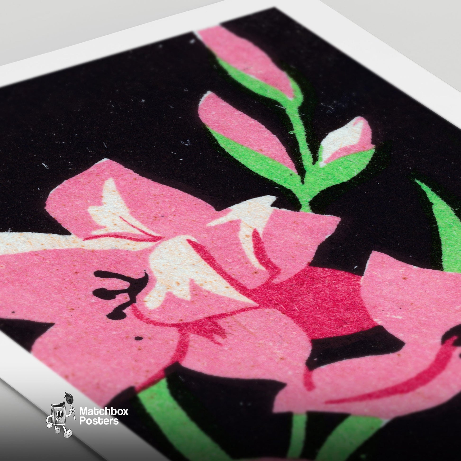 Pink Flower - vintage matchbox label print - close-up detail