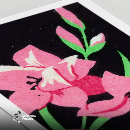 Pink Flower - vintage matchbox label print - close-up detail