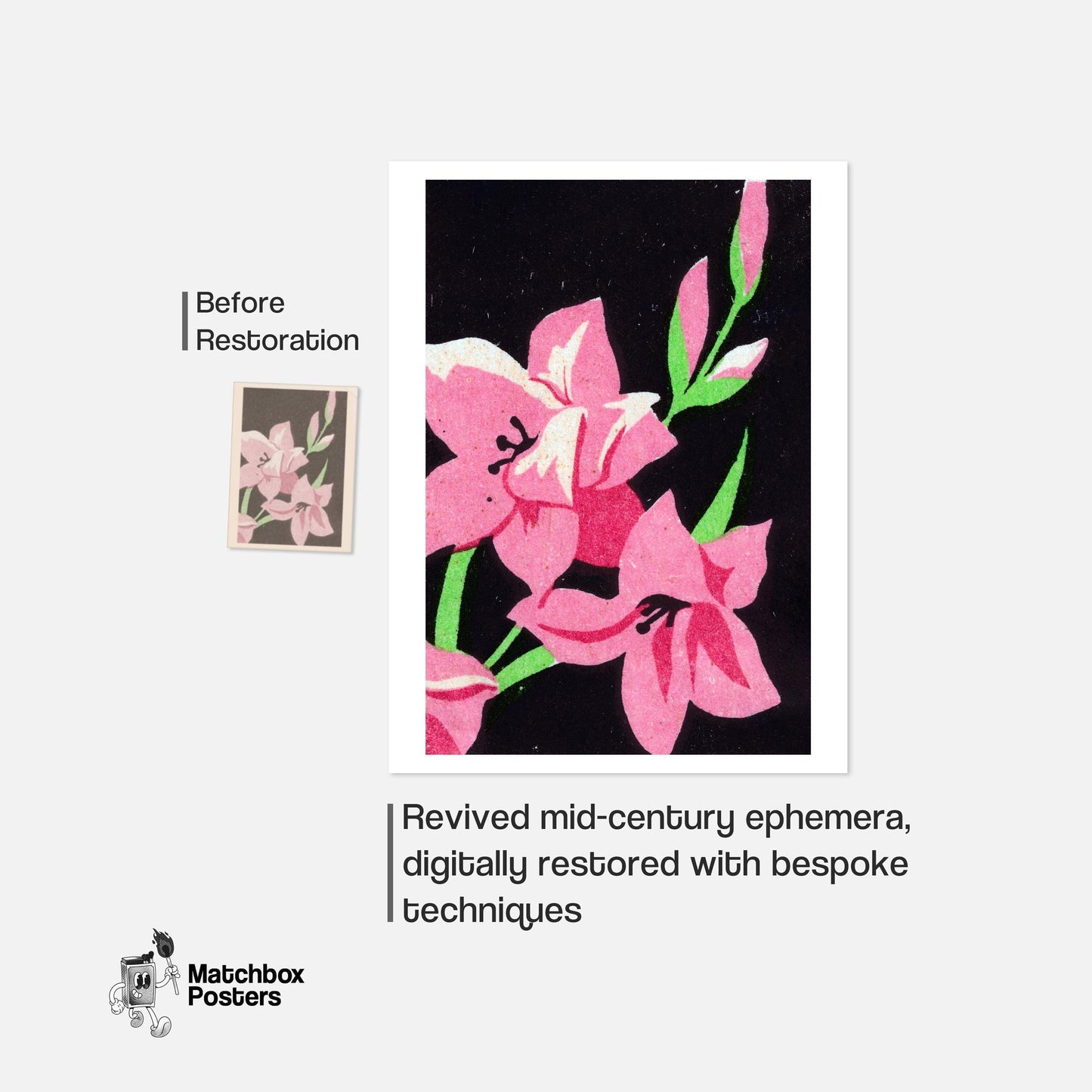 Pink Flower - vintage matchbox label print - framed wall art preview