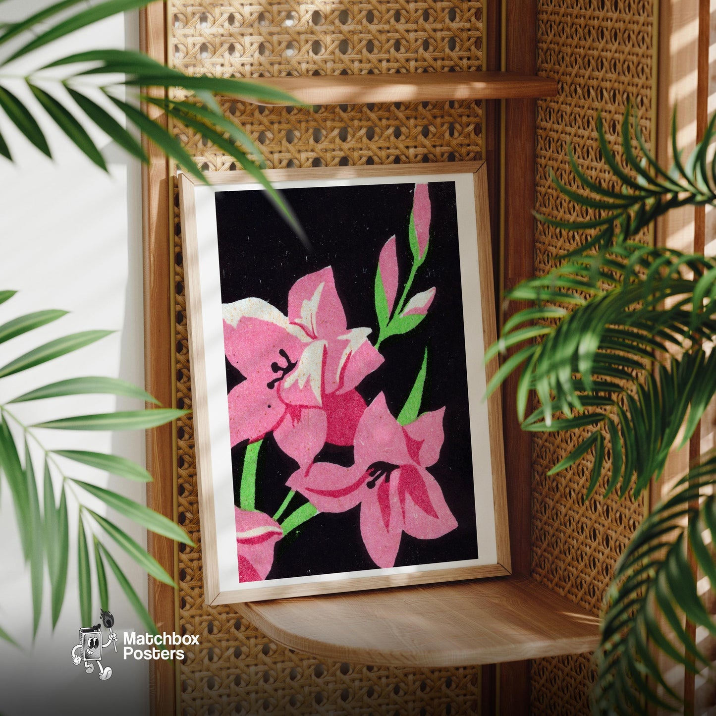 Pink Flower - vintage matchbox label print - office wall