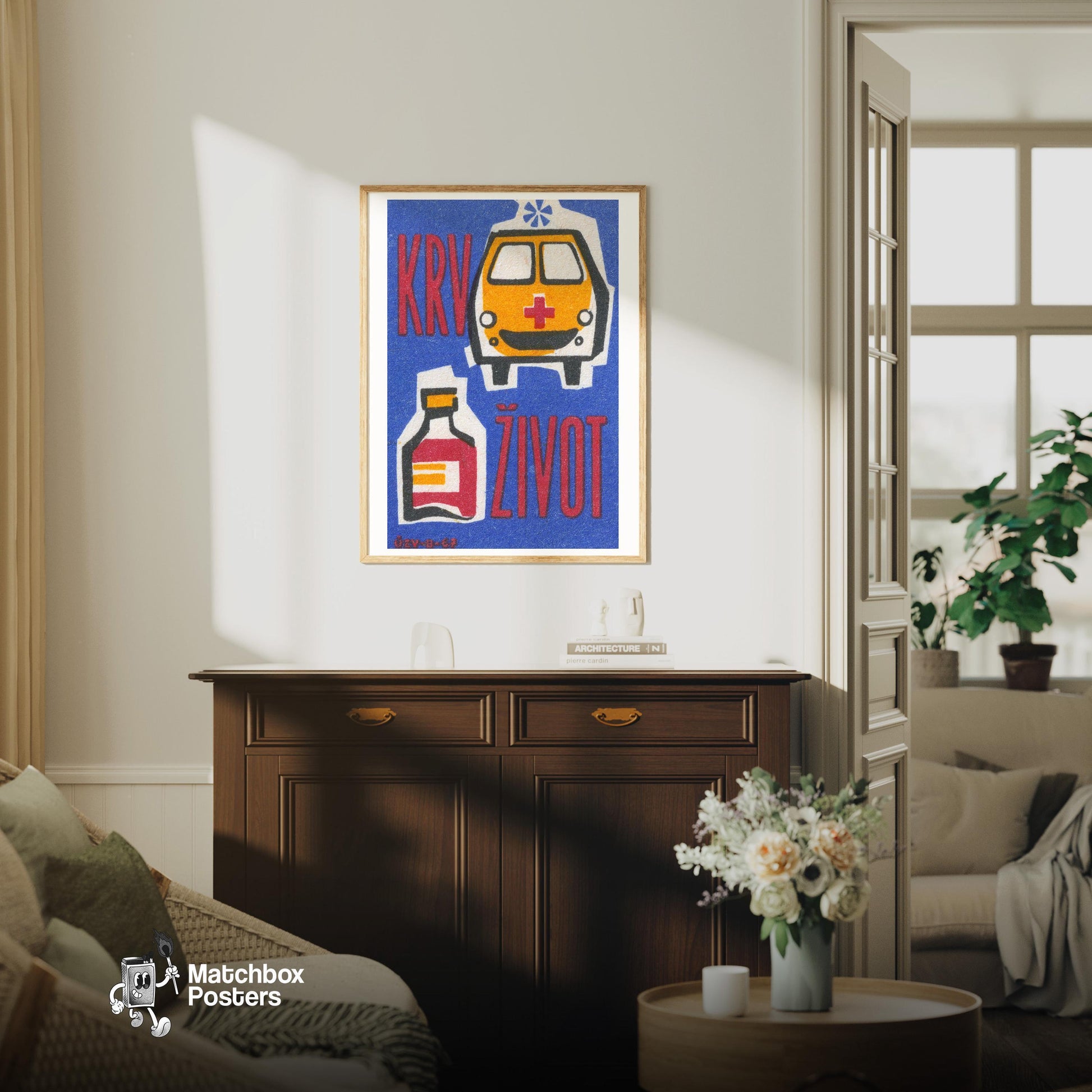Ambulance - vintage matchbox label print - living room mockup
