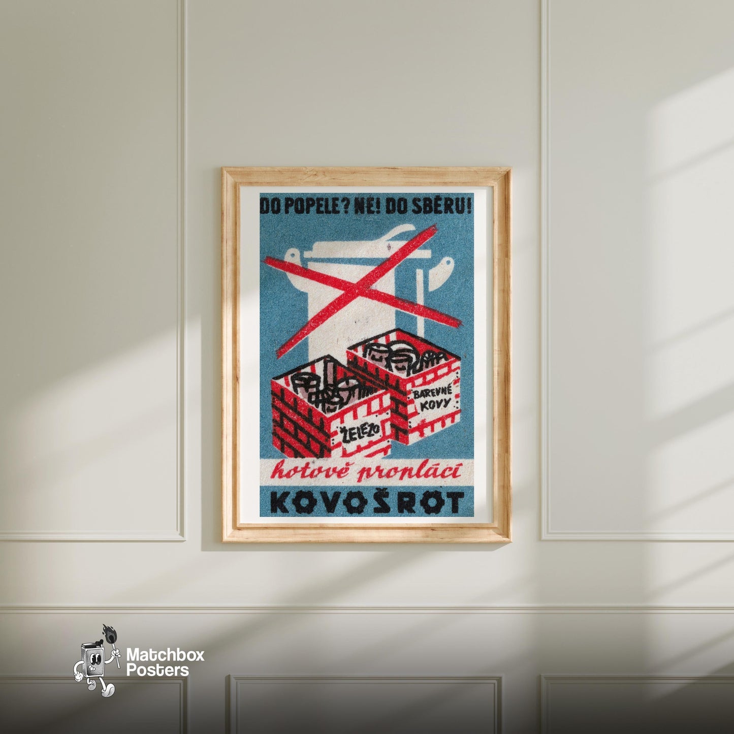 No Metal in Trash - vintage matchbox label print - bedroom mockup