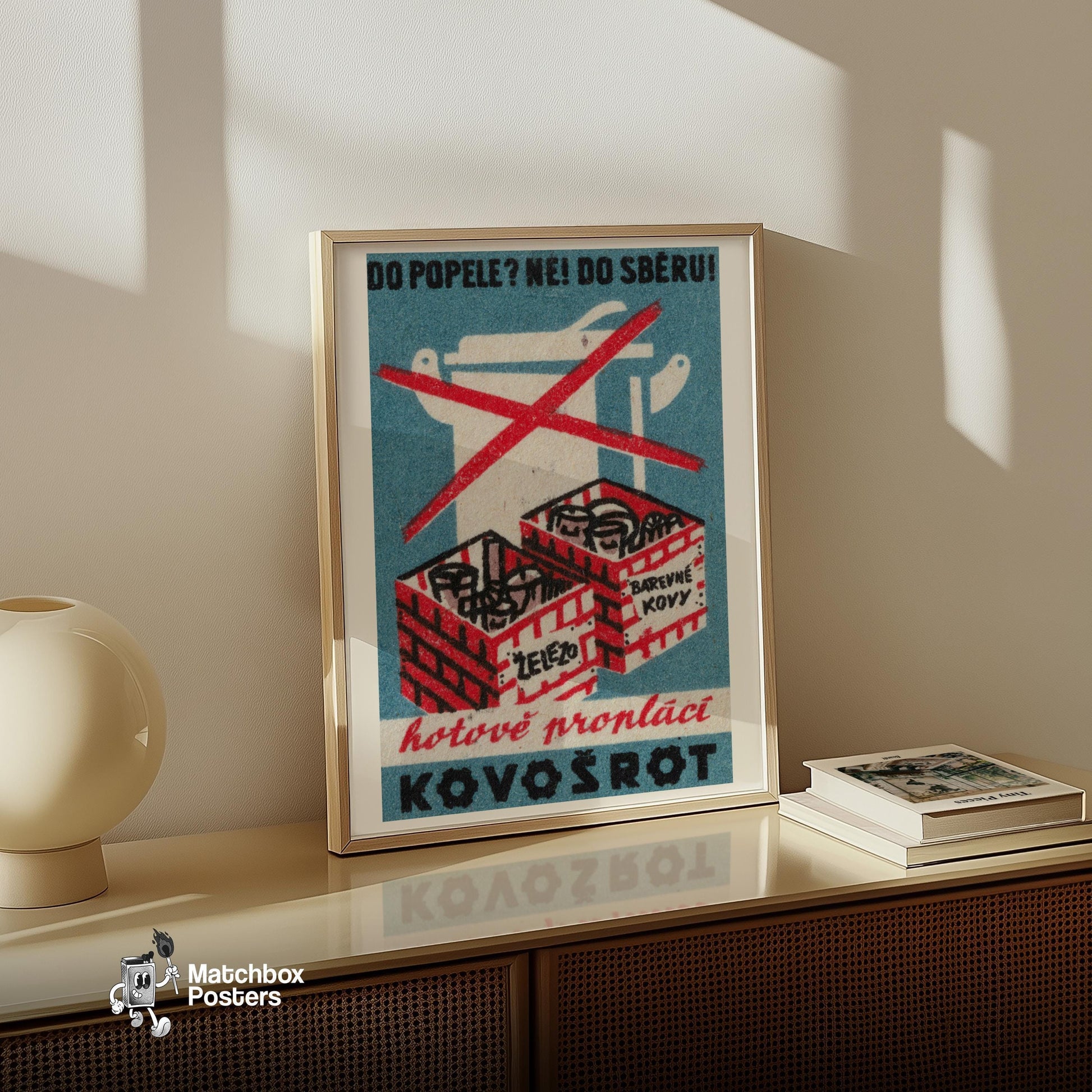 No Metal in Trash - vintage matchbox label print - size comparison