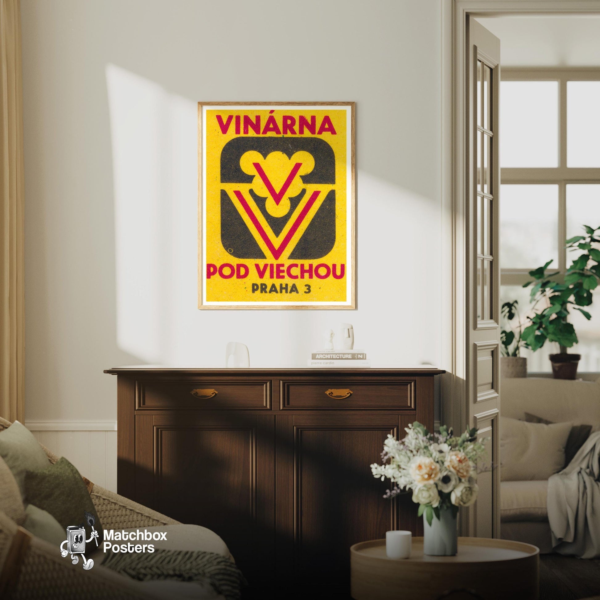 Wine Cellar - vintage matchbox label print - living room mockup